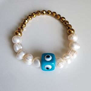 Gold and White Evil Eye Bracelet